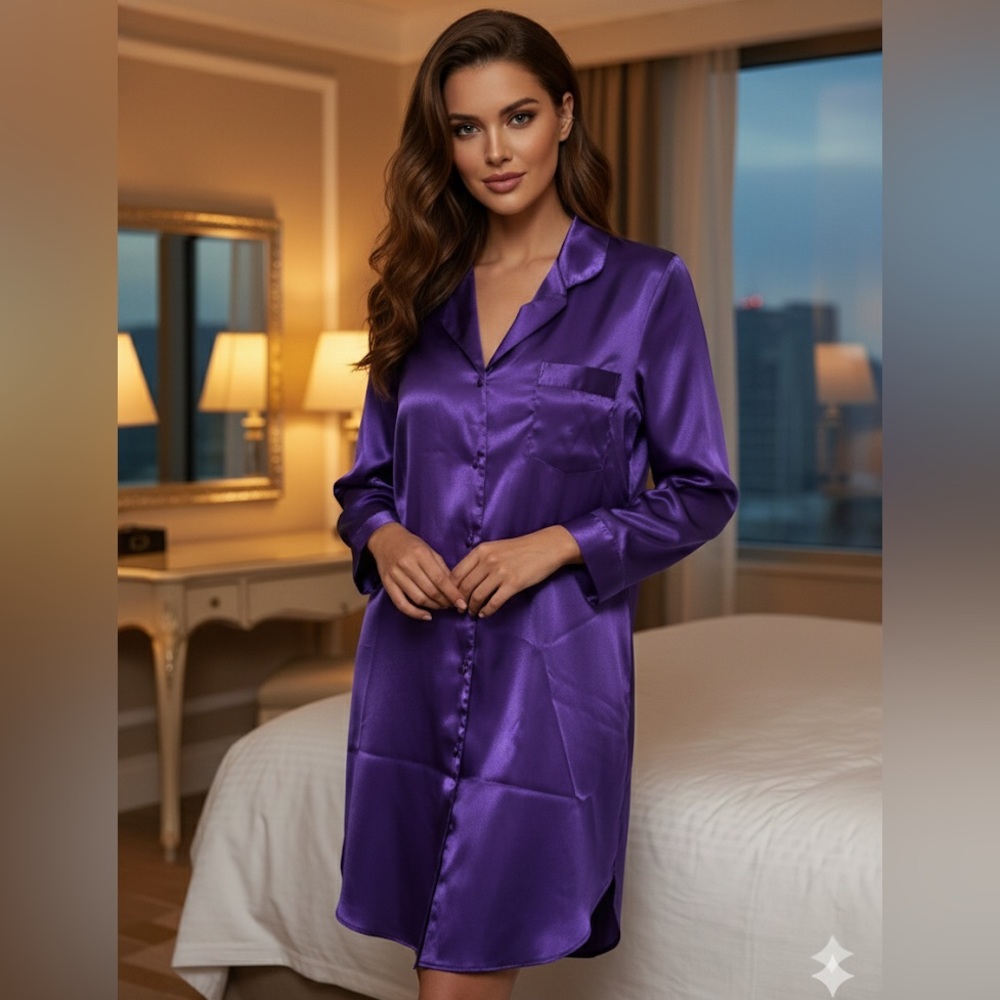 VTG Y2K Mystique Intimates Babydoll Purple Satin Lounge Shirt Dress Women M